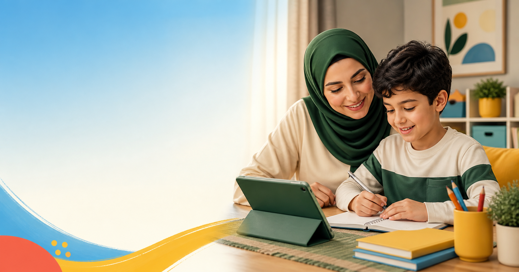 صورة توضيحية لأم بتراجع مع ابنها باستخدام تابلت ودفتر